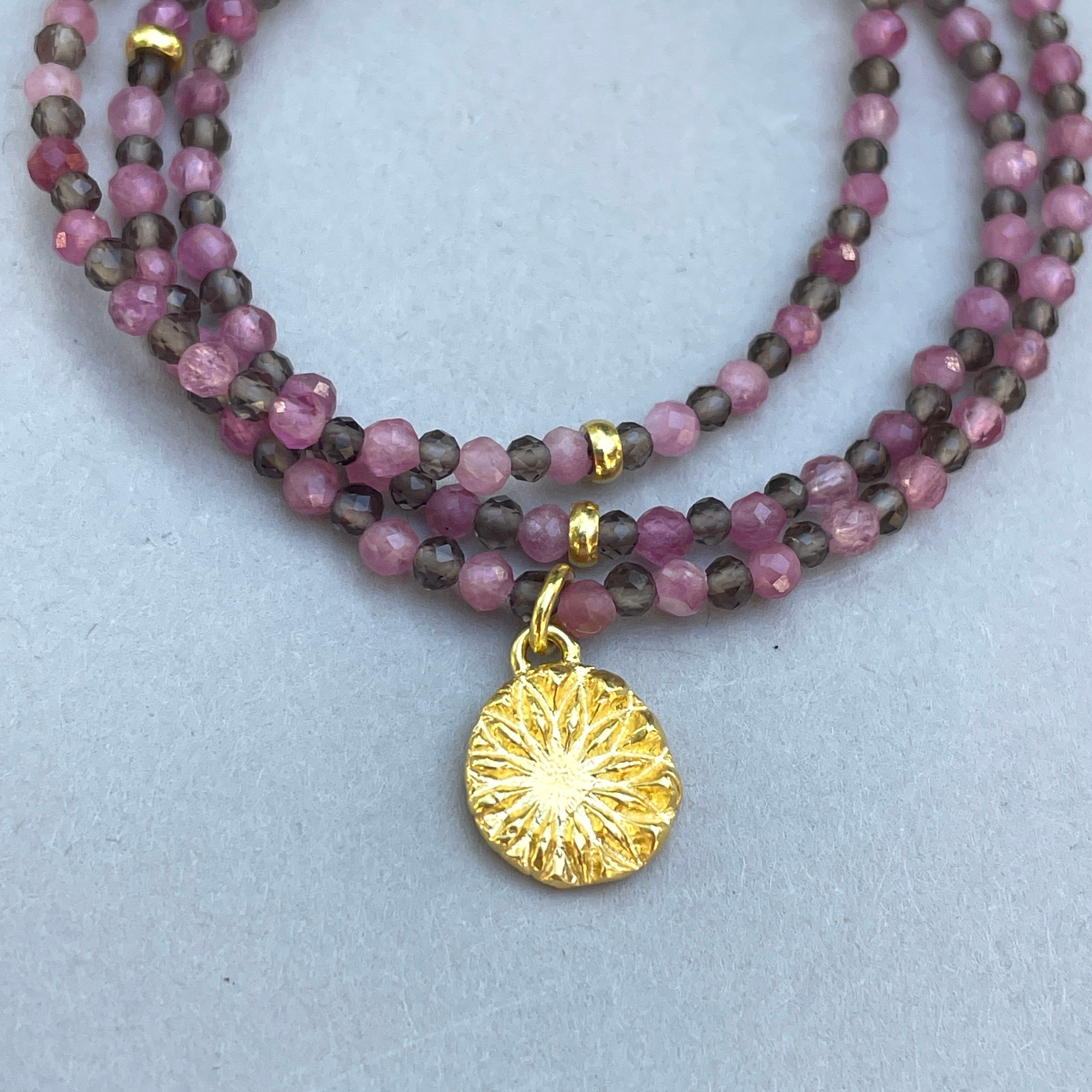 Harmony Beads Necklace - Pink Tourmaline & Smoky Quartz with Flower of the Universe Gold Pendant