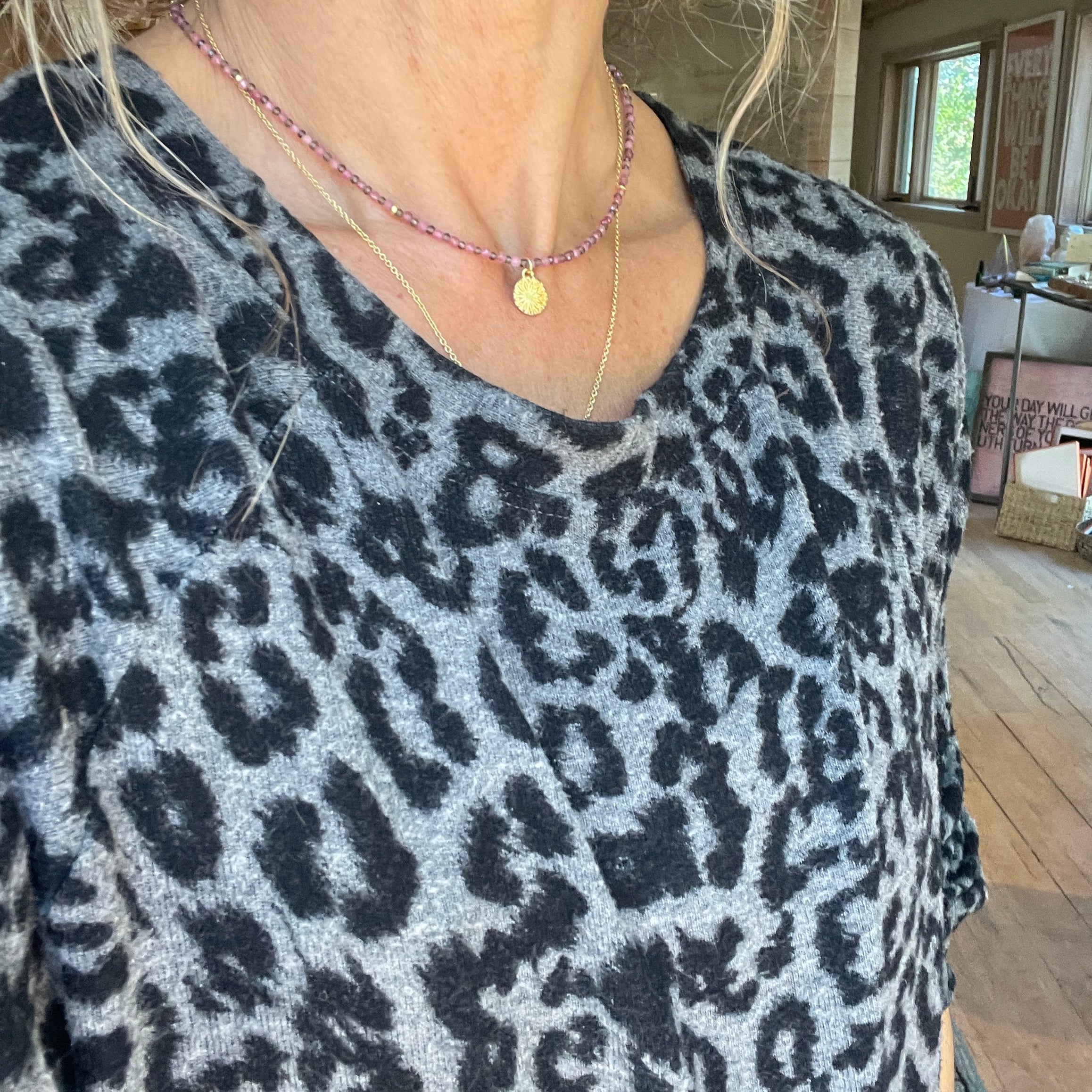 Harmony Beads Necklace - Pink Tourmaline & Smoky Quartz with Flower of the Universe Gold Pendant