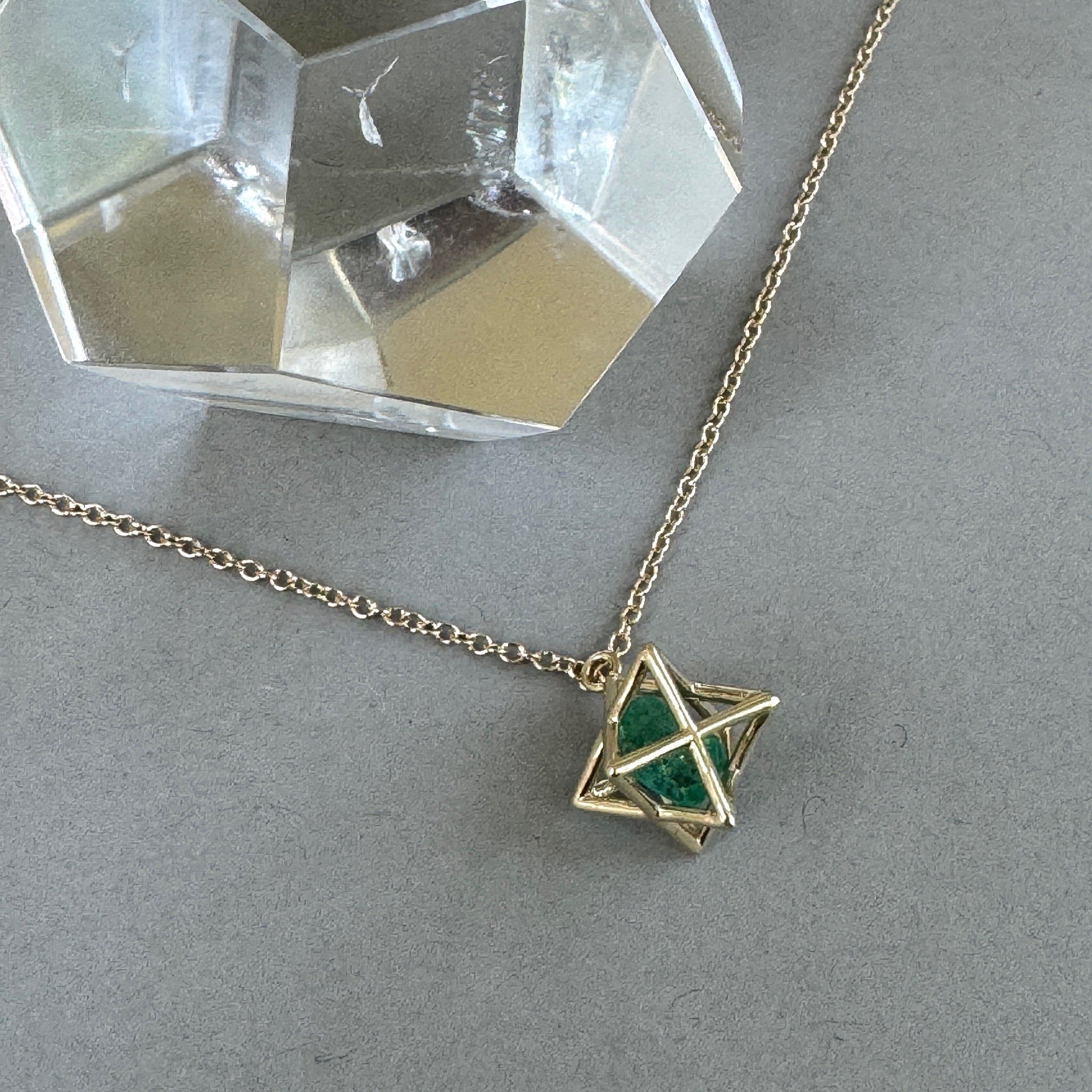 Fairmined 14kt Solid Gold Merkaba Star with Herkimer Diamond, Emerald Or Tanzanite Necklace