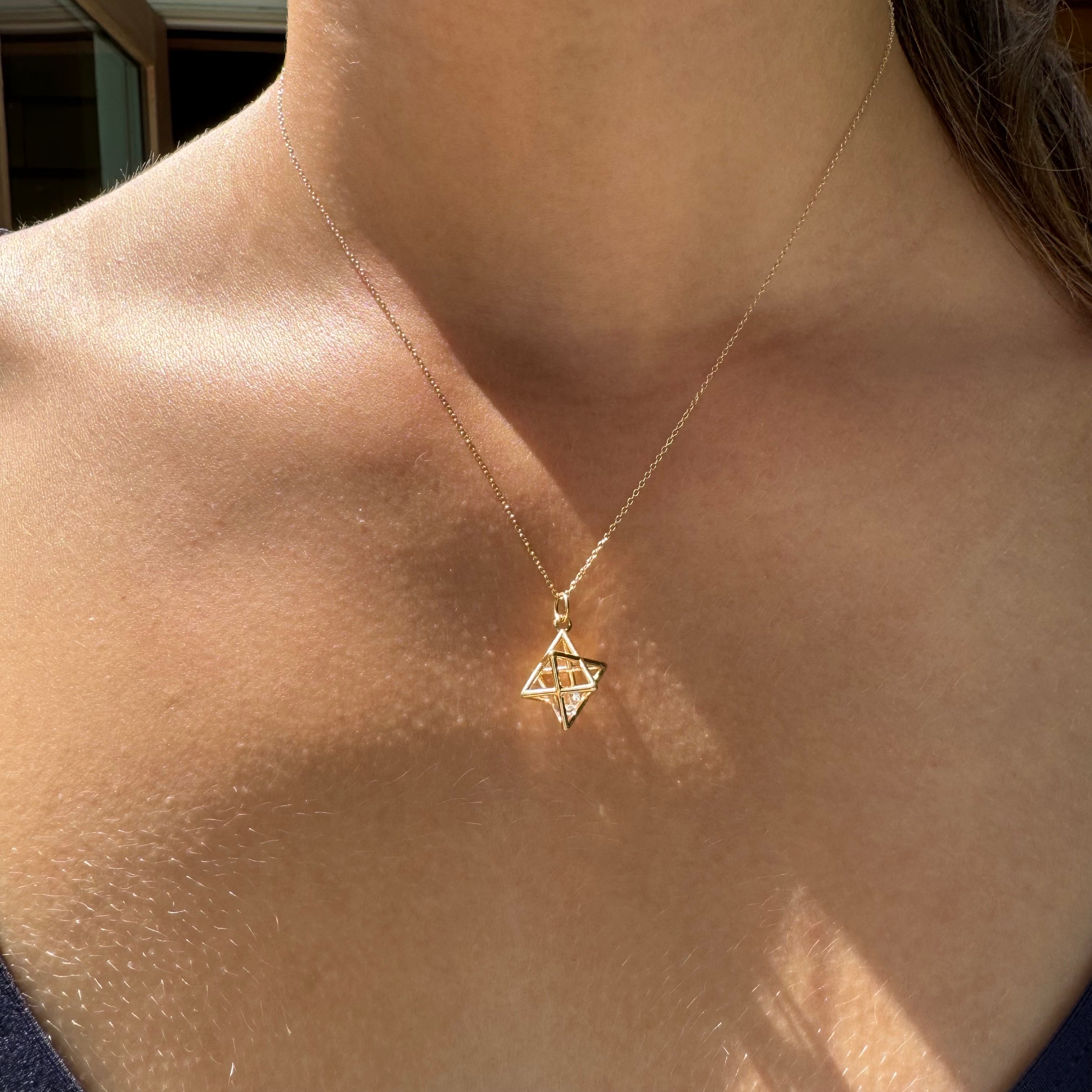 Fairmined 14kt Solid Gold Merkaba Star with Herkimer Diamond, Emerald Or Tanzanite Necklace