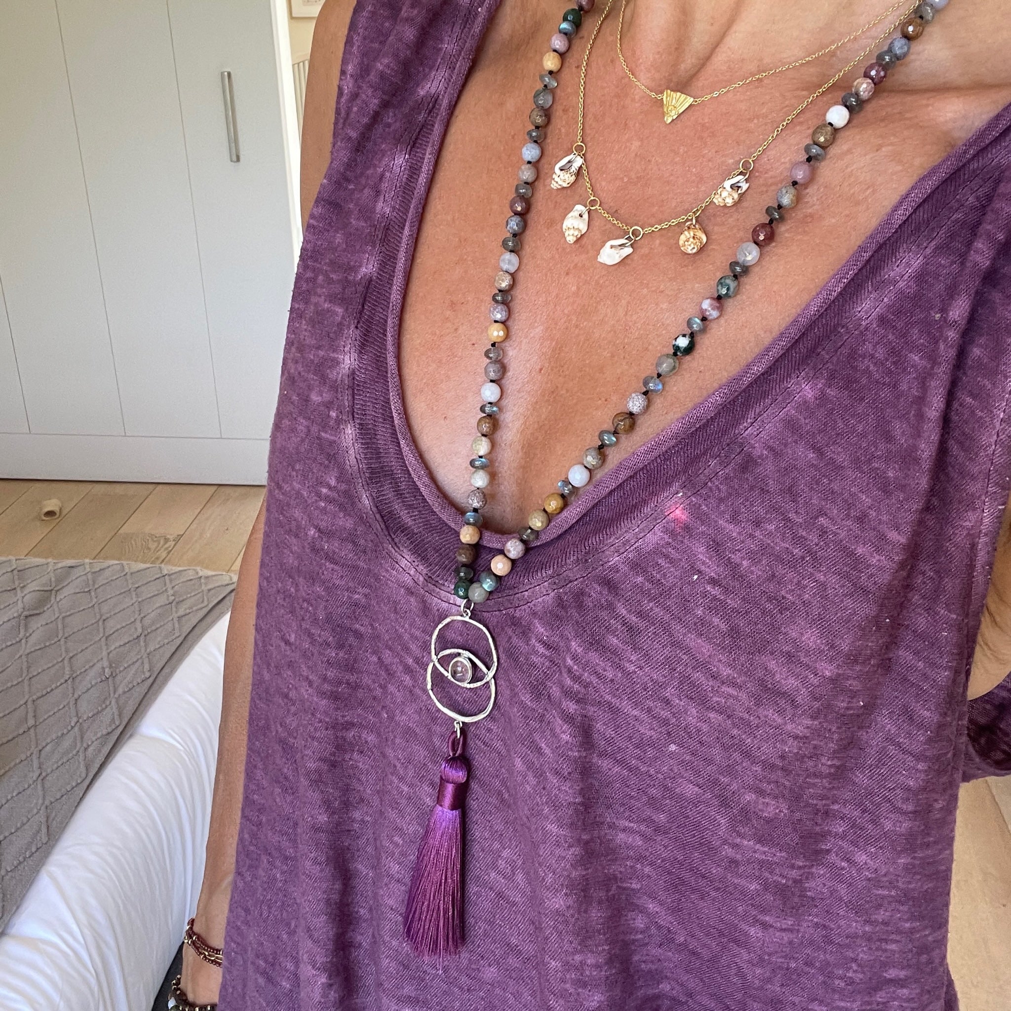 Jasper & Labradorite Vesica Piscis Mala Bead Necklace