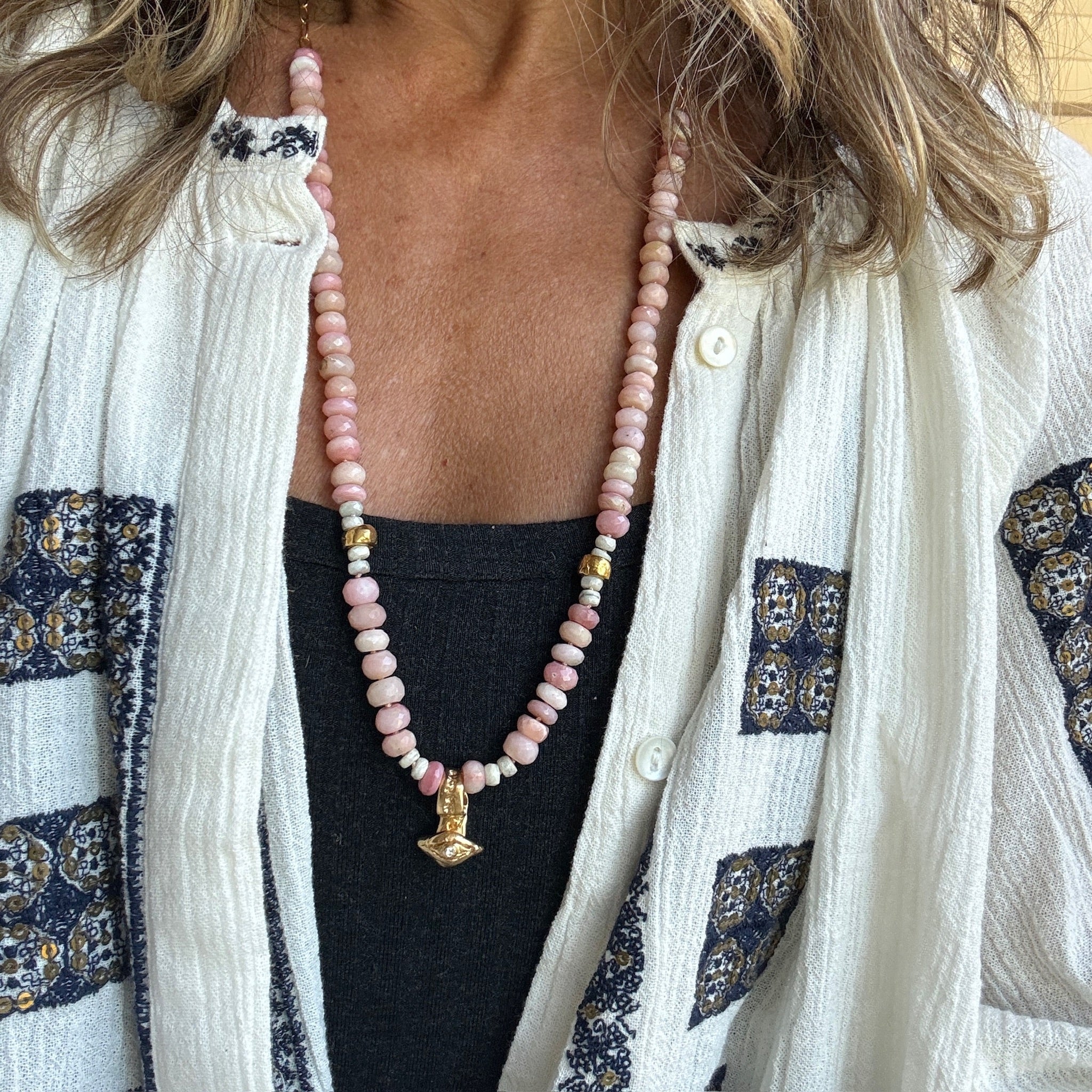 Pink Opal & Amazonite Ancient Eye Beaded Necklace