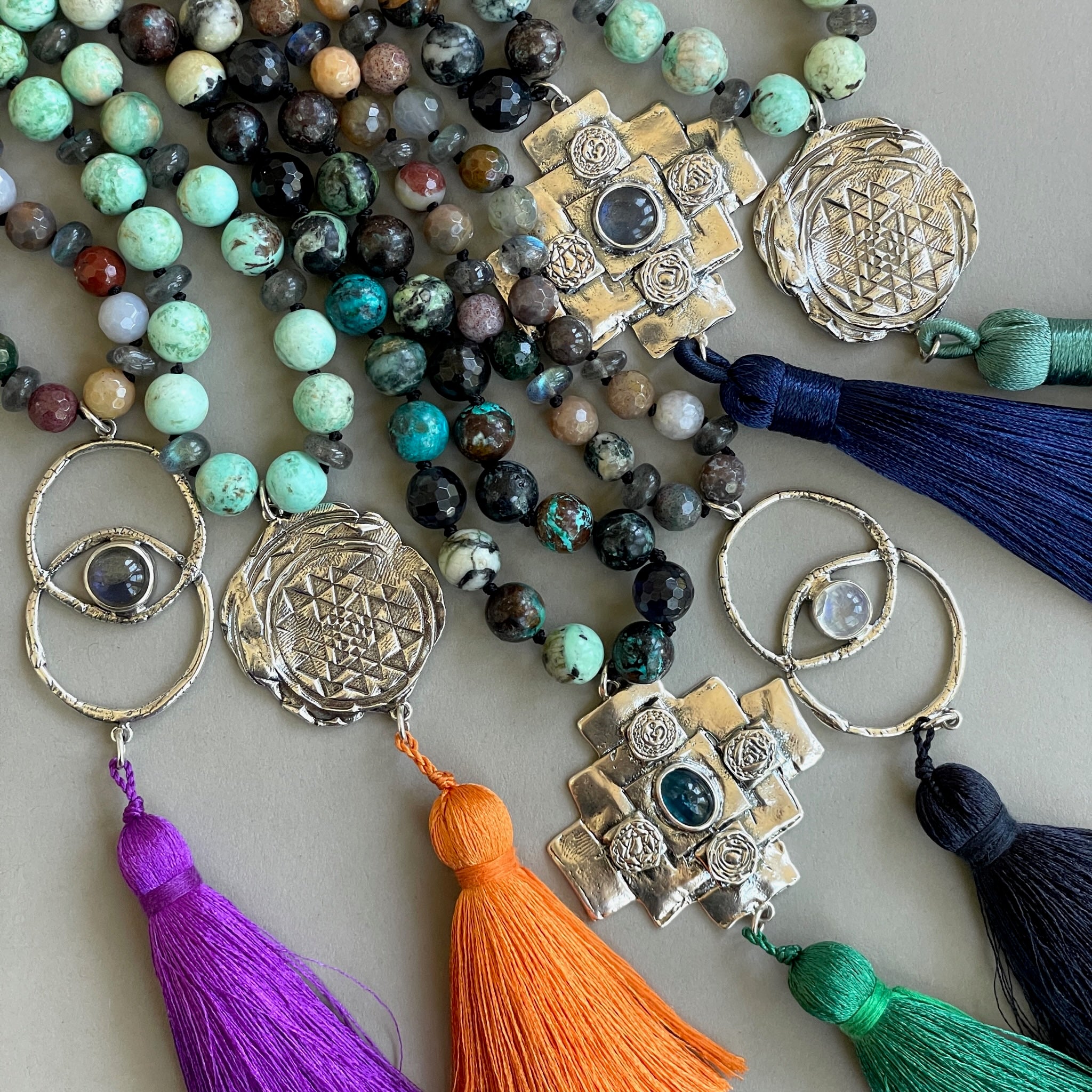 Iolite Chakana Cross Mala Bead Necklace