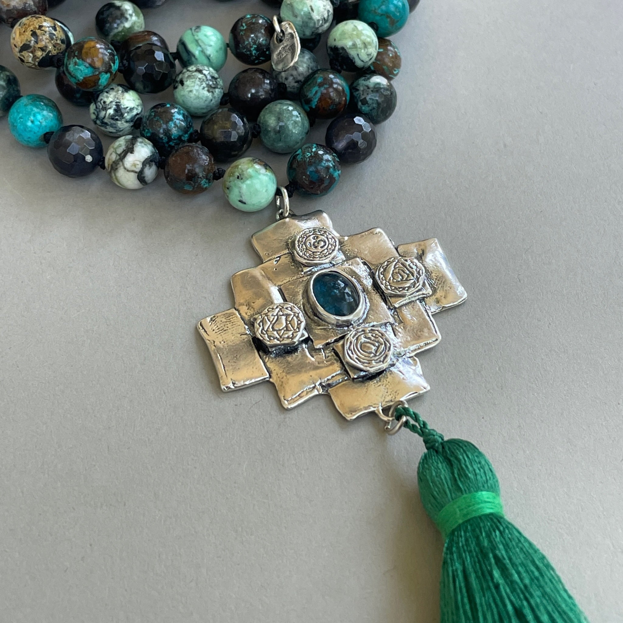 Iolite Chakana Cross Mala Bead Necklace