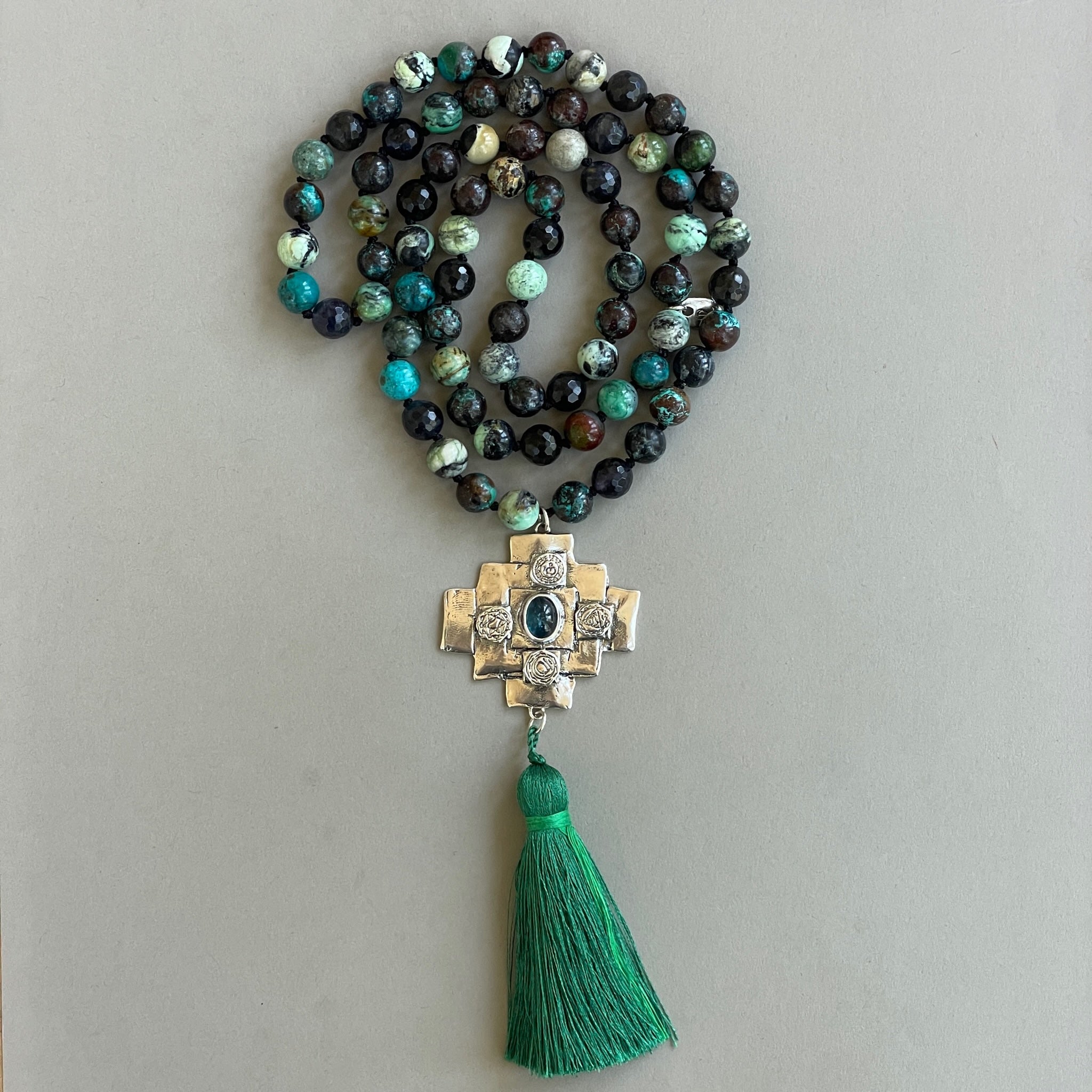 Iolite Chakana Cross Mala Bead Necklace