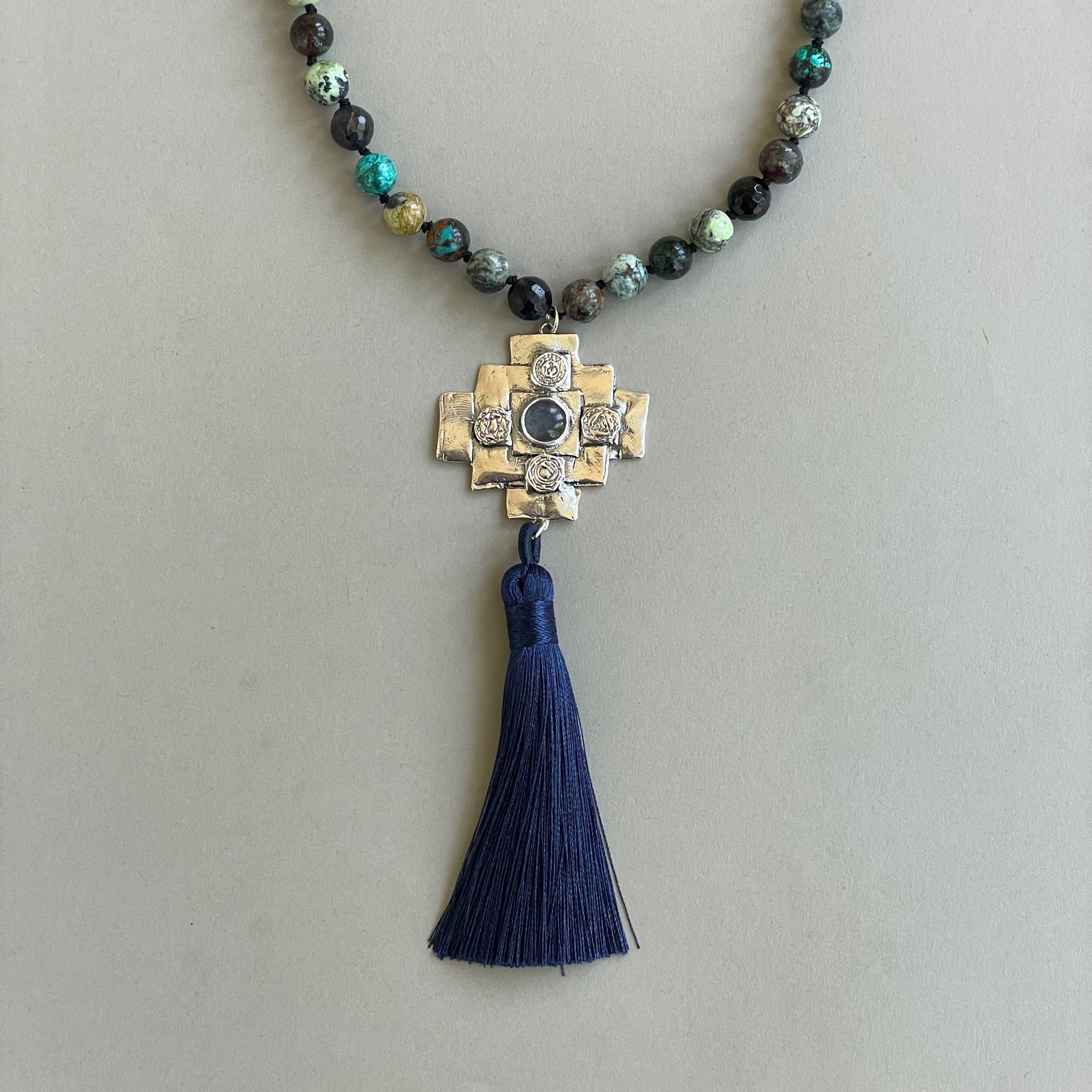 Iolite Chakana Cross Mala Bead Necklace