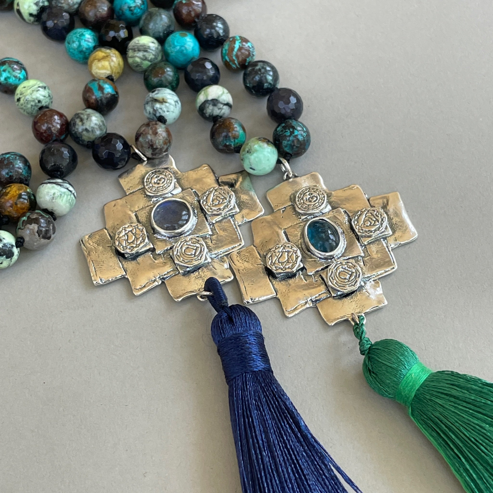 Iolite Chakana Cross Mala Bead Necklace