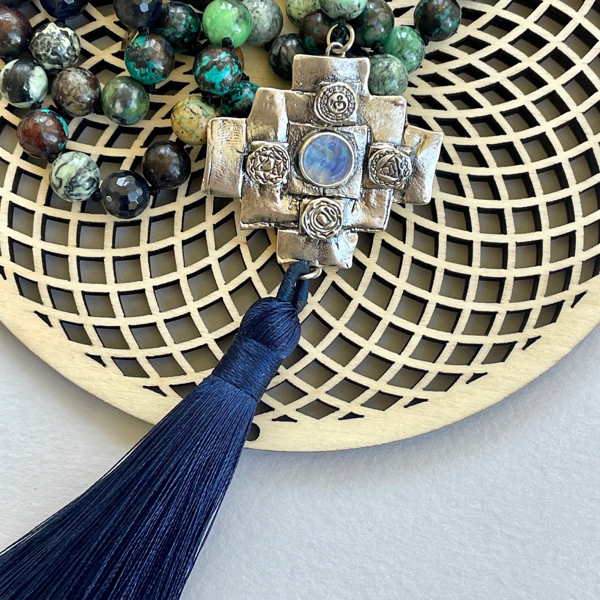 Iolite Chakana Cross Mala Bead Necklace