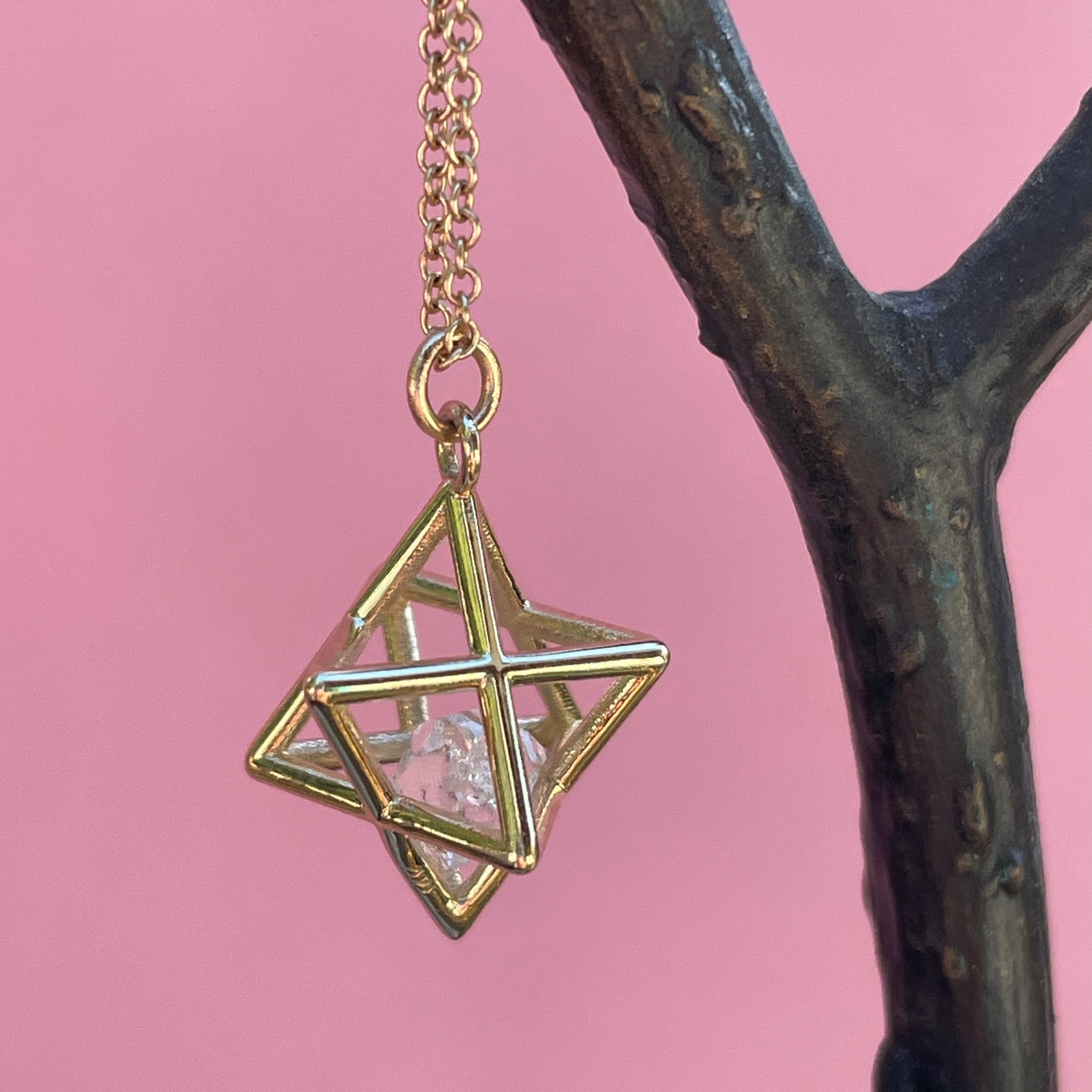 Fairmined 14kt Solid Gold Merkaba Star with Herkimer Diamond, Emerald Or Tanzanite Necklace