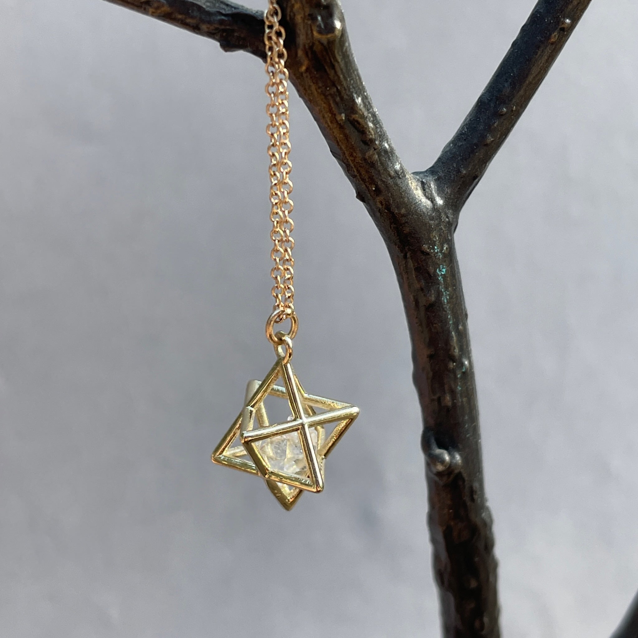 Fairmined 14kt Solid Gold Merkaba Star with Herkimer Diamond, Emerald Or Tanzanite Necklace