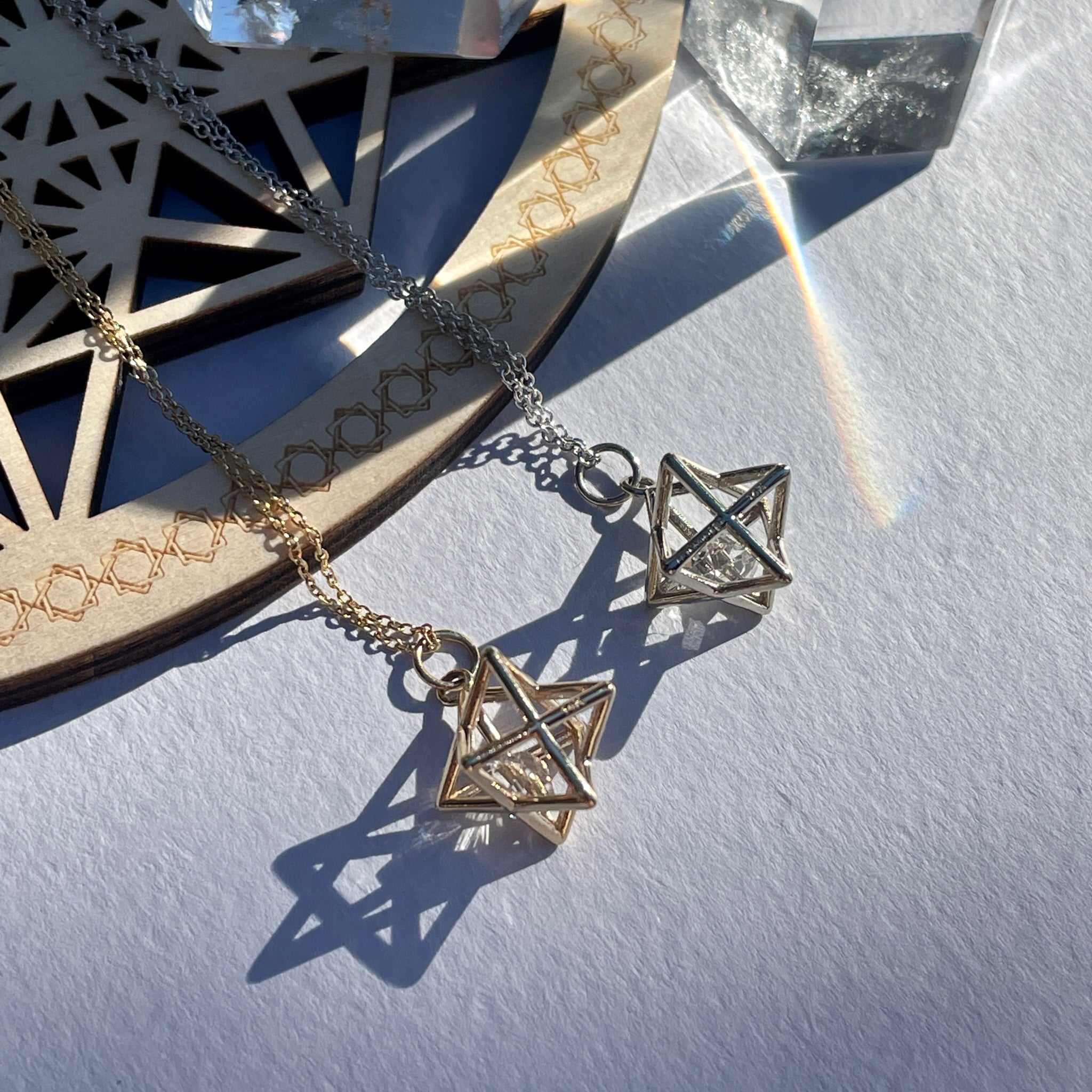 Fairmined 14kt Solid Gold Merkaba Star with Herkimer Diamond, Emerald Or Tanzanite Necklace