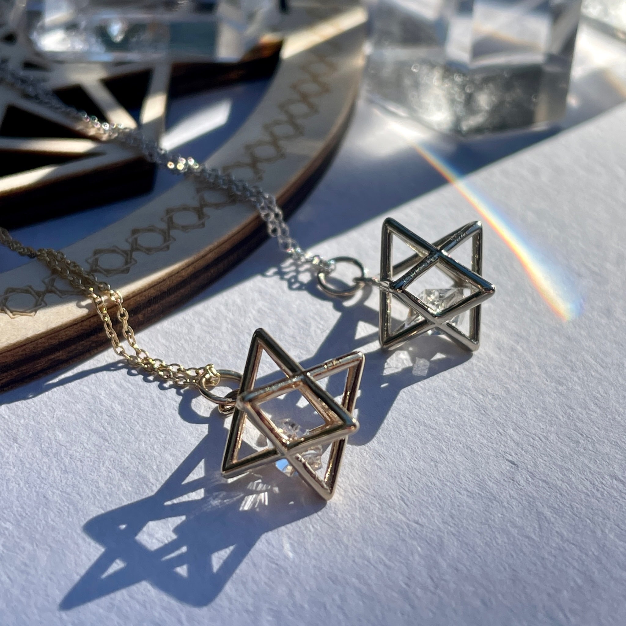 Fairmined 14kt Solid Gold Merkaba Star with Herkimer Diamond, Emerald Or Tanzanite Necklace