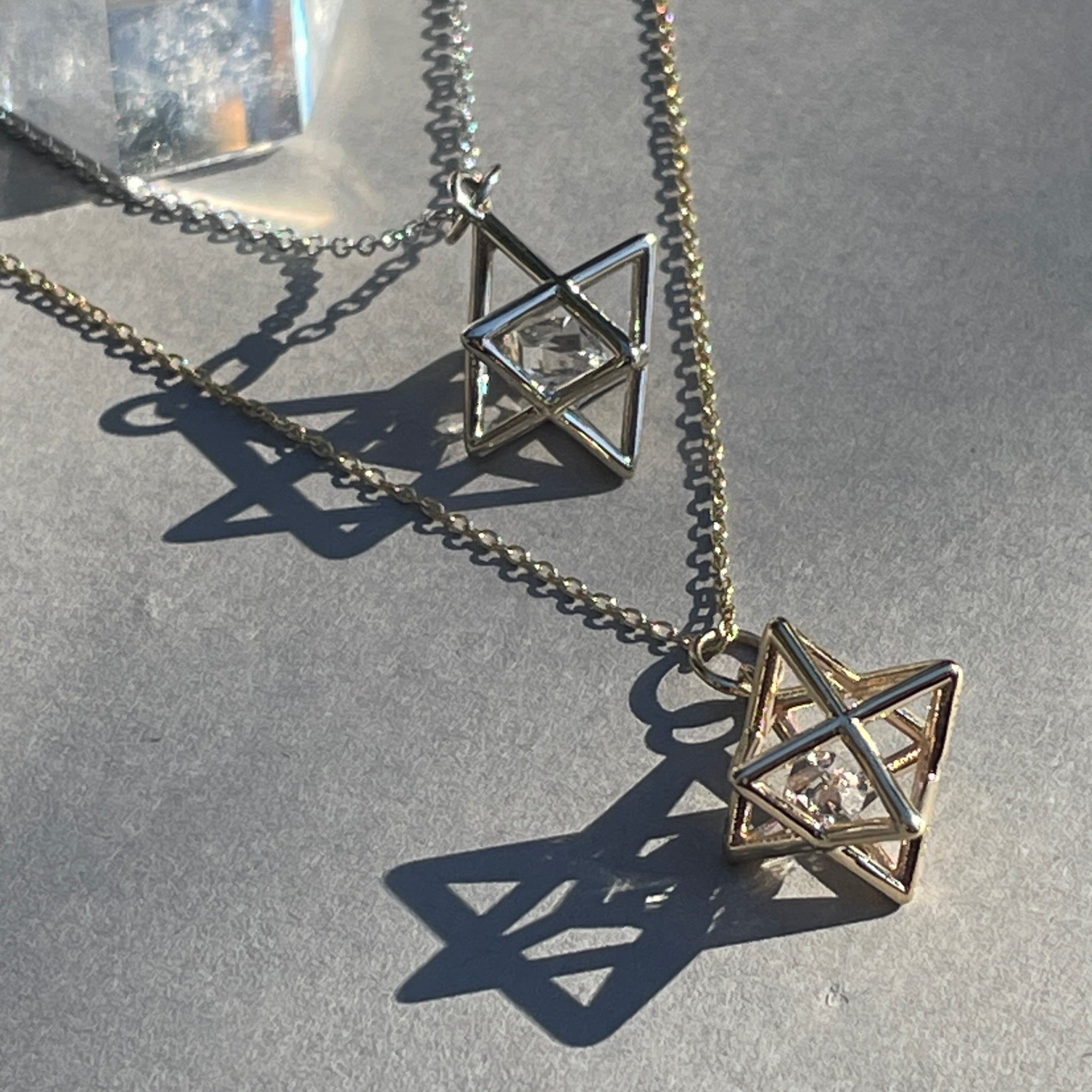 Fairmined 14kt Solid Gold Merkaba Star with Herkimer Diamond, Emerald Or Tanzanite Necklace