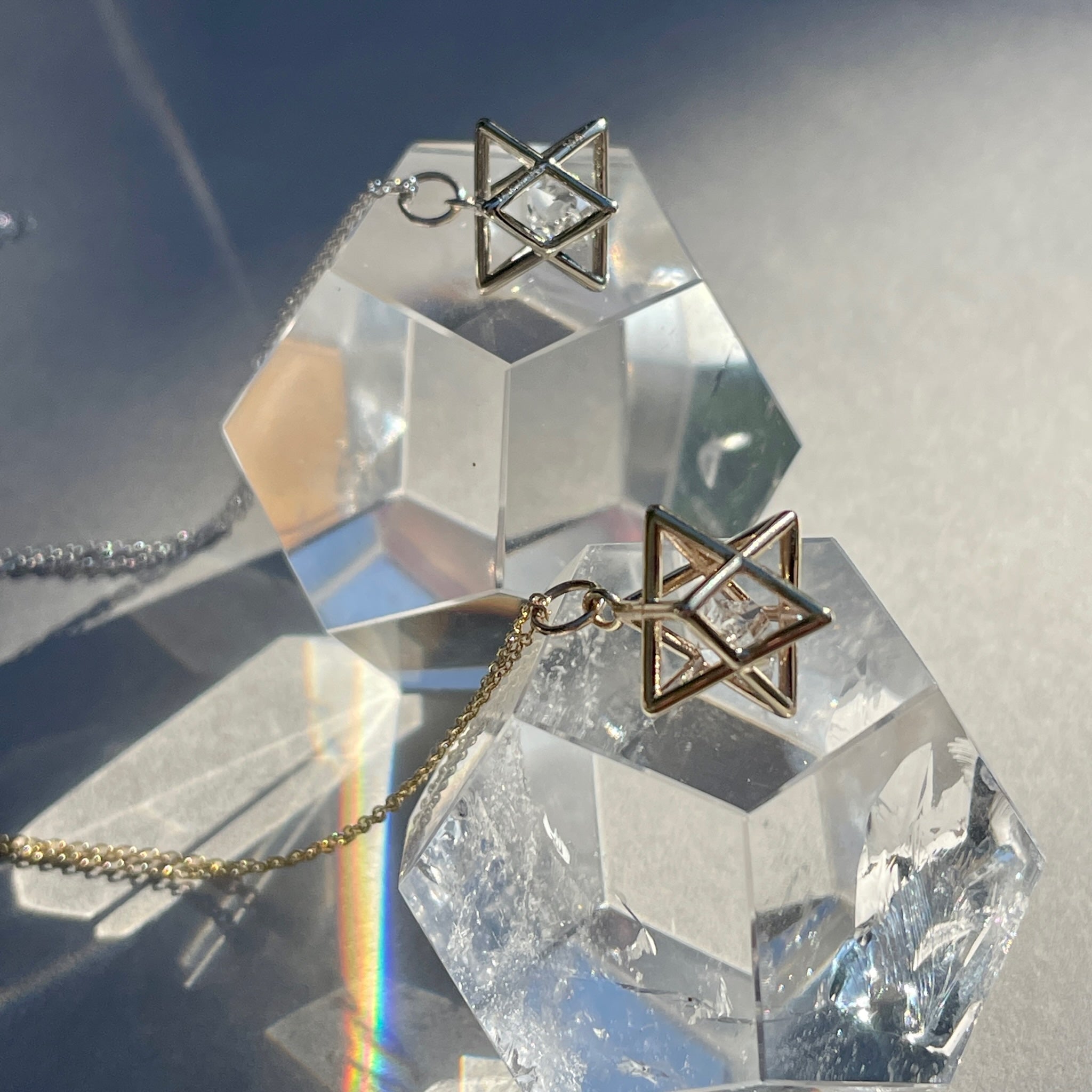 Fairmined 14kt Solid Gold Merkaba Star with Herkimer Diamond, Emerald Or Tanzanite Necklace