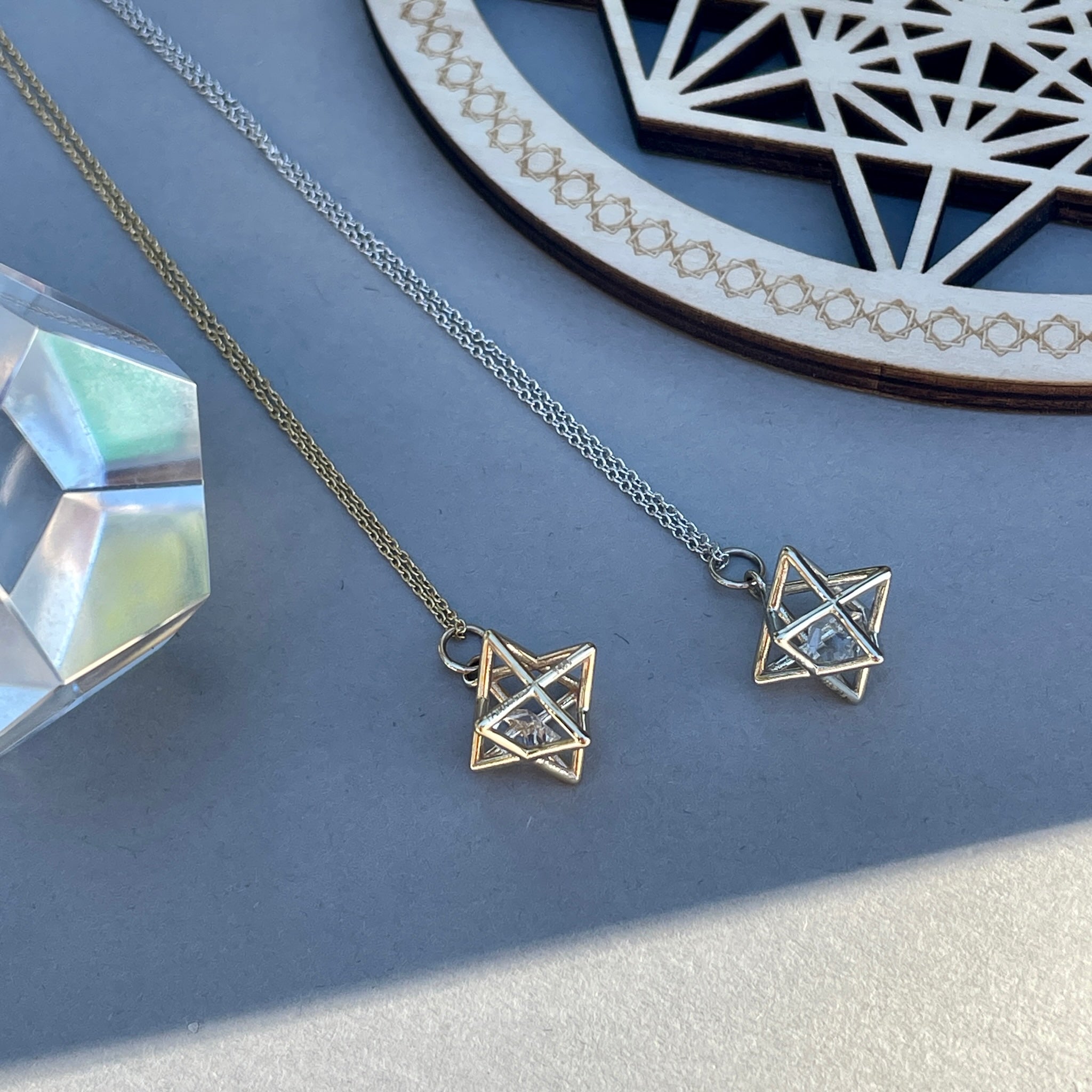 Fairmined 14kt Solid Gold Merkaba Star with Herkimer Diamond, Emerald Or Tanzanite Necklace