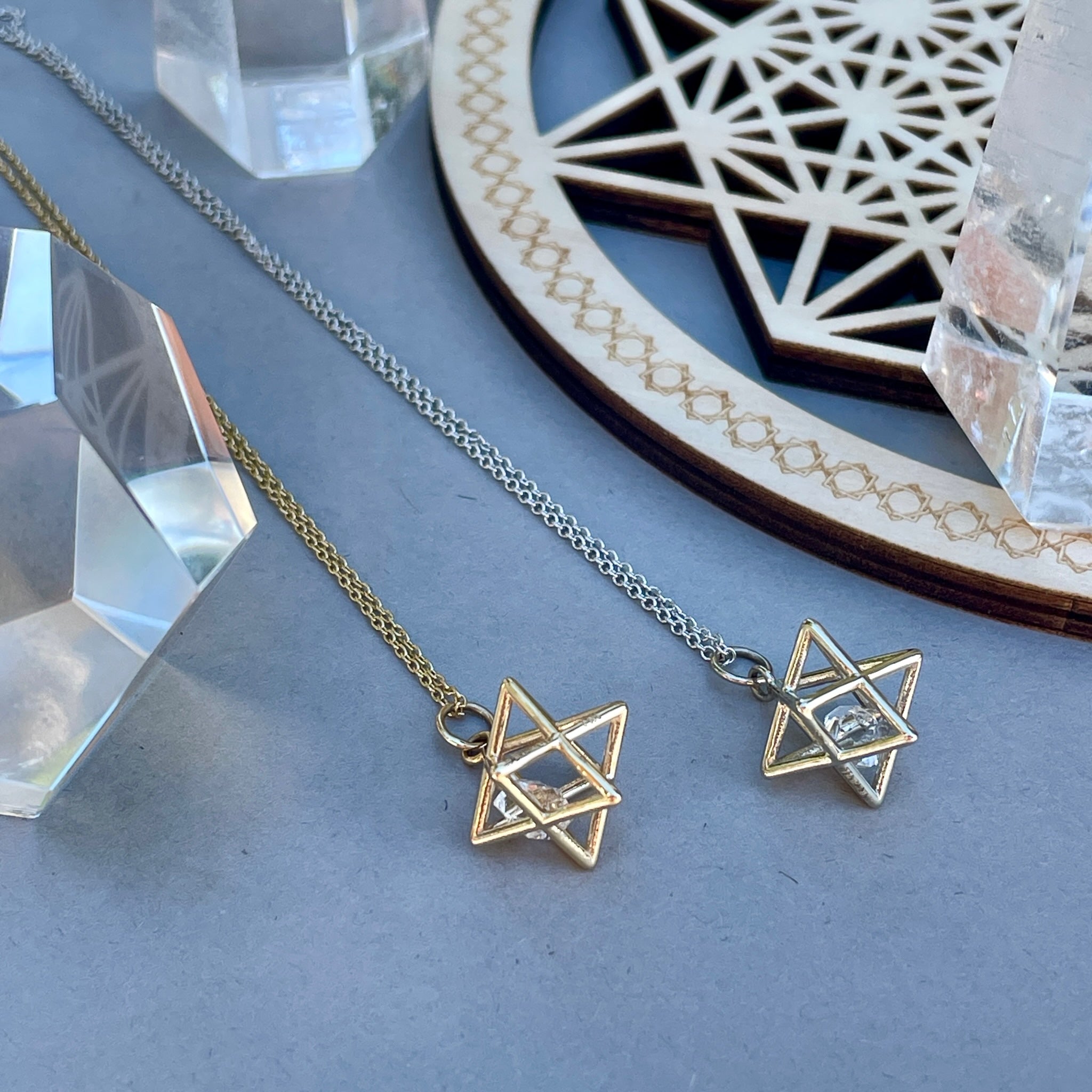 Fairmined 14kt Solid Gold Merkaba Star with Herkimer Diamond, Emerald Or Tanzanite Necklace