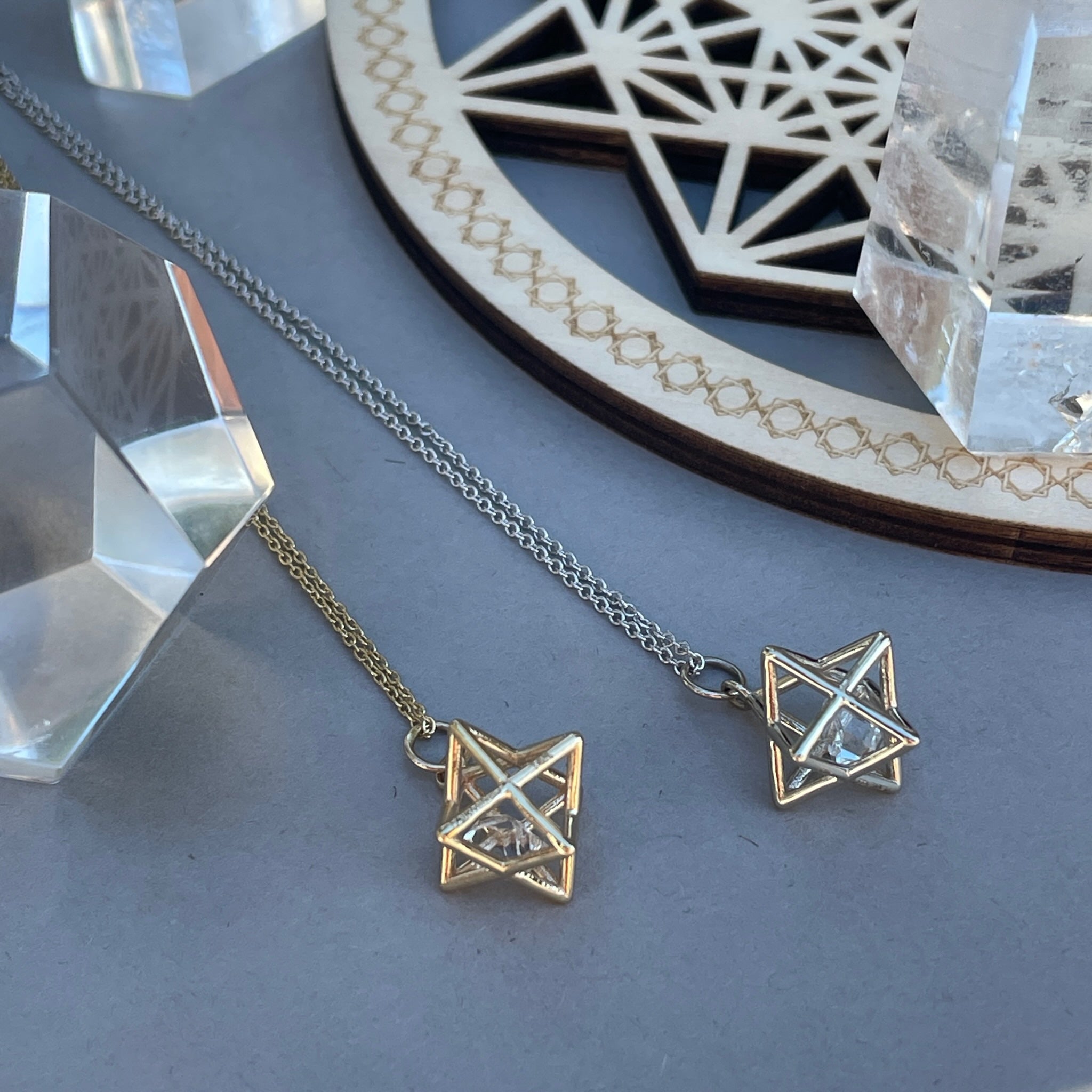 Fairmined 14kt Solid Gold Merkaba Star with Herkimer Diamond, Emerald Or Tanzanite Necklace