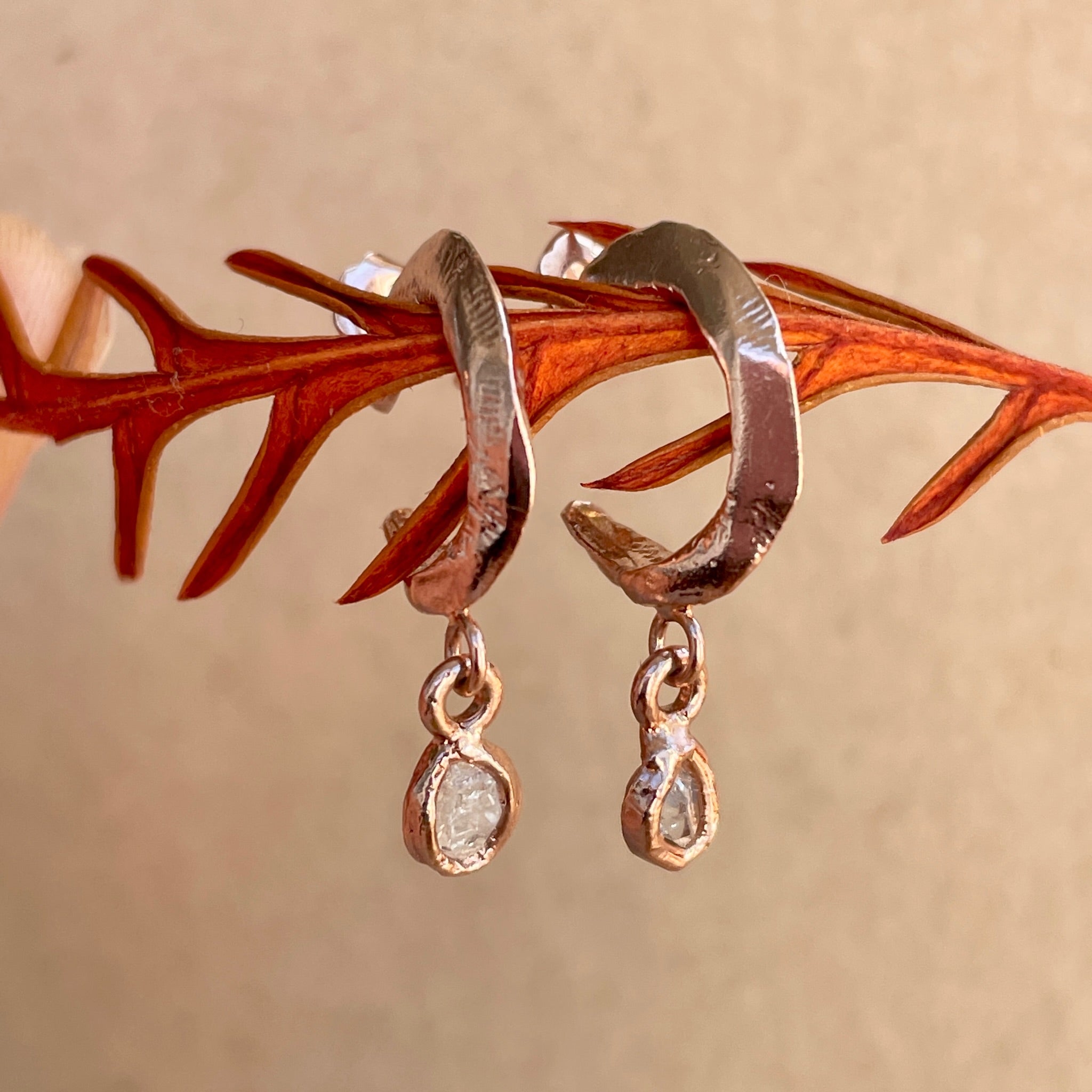 Yellow and rose gold Whisper Hoop Earrings with Herkimer Diamonds