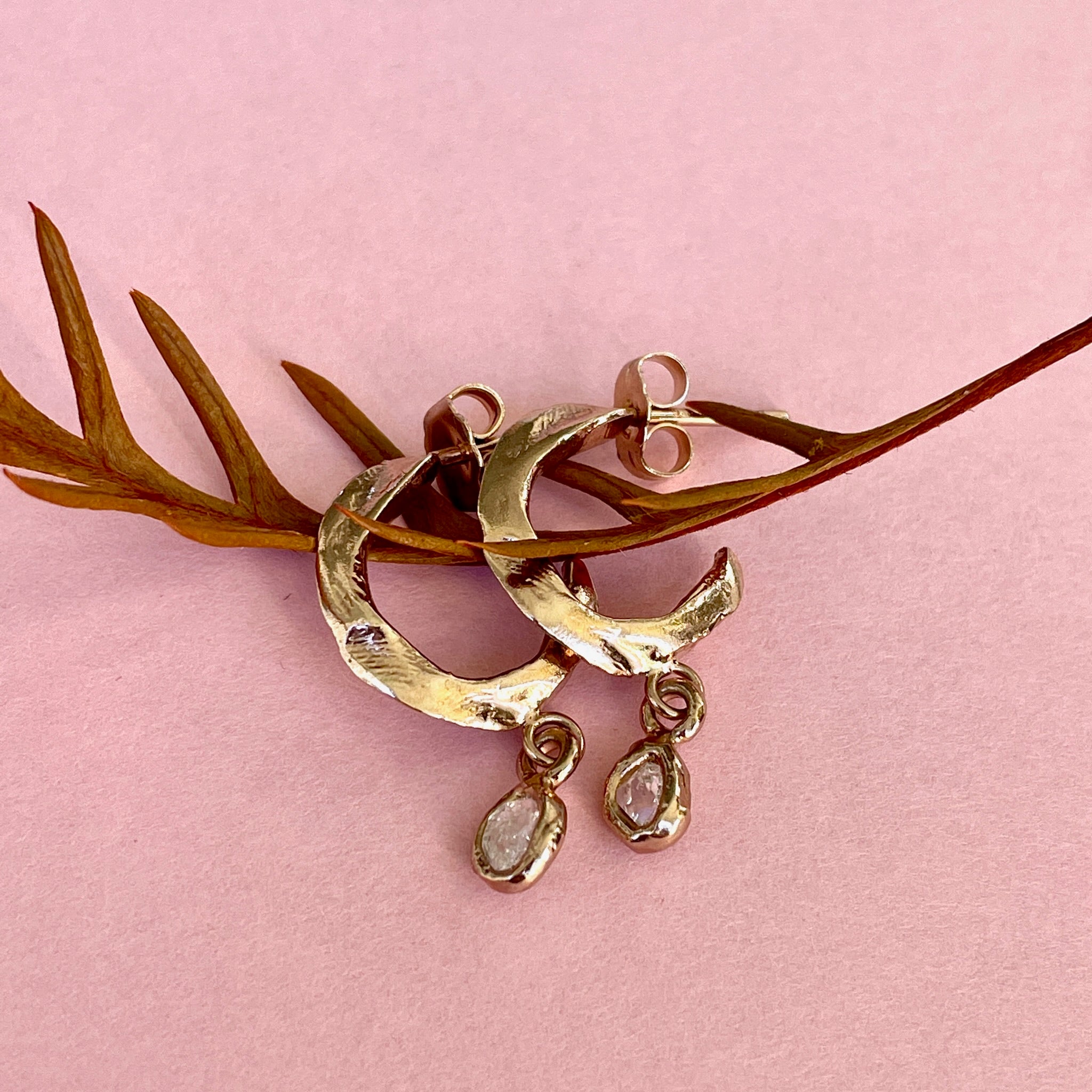 Yellow and rose gold Whisper Hoop Earrings with Herkimer Diamonds