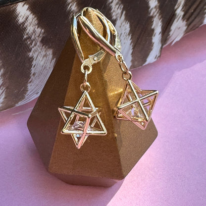 Fairmined 14kt Solid Gold Merkaba Star with Herkimer Diamond Earrings