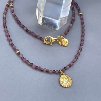 Harmony Beads Necklace - Pink Tourmaline &amp; Smoky Quartz with Flower of the Universe Gold Pendant