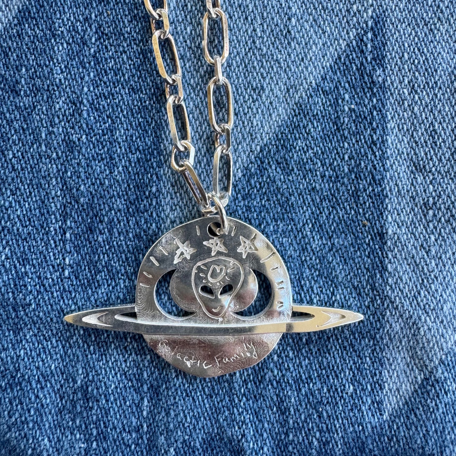 Galactic Family Saturn Alien Silver Necklace