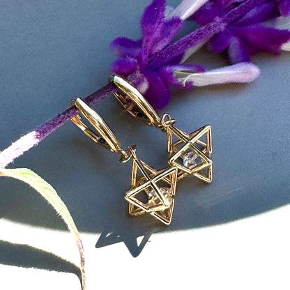 Fairmined 14kt Solid Gold Merkaba Star with Herkimer Diamond Earrings