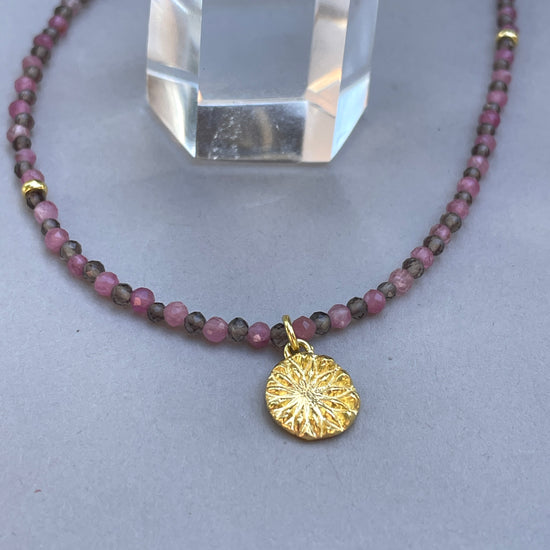 Harmony Beads Necklace - Pink Tourmaline & Smoky Quartz with Flower of the Universe Gold Pendant