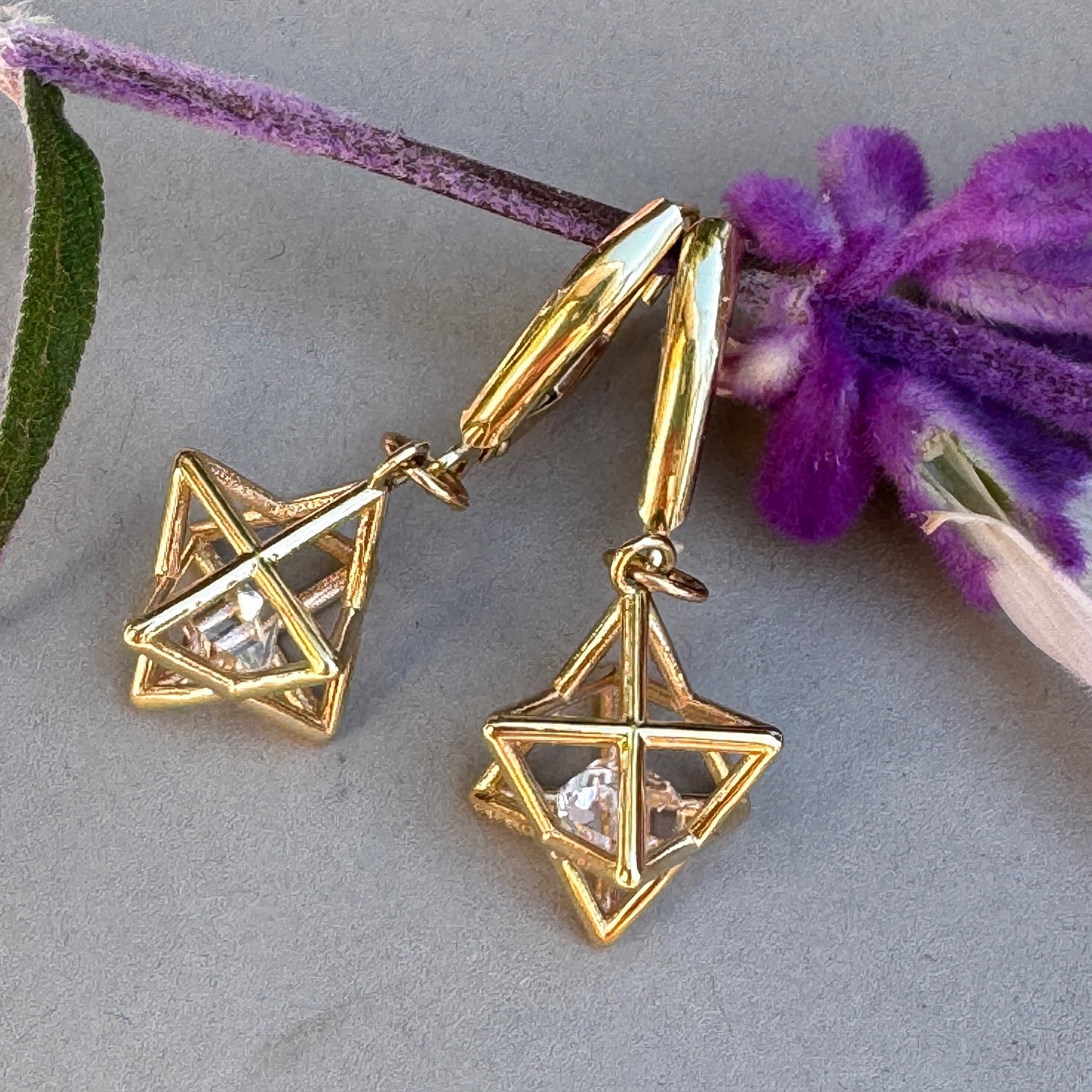 Fairmined 14kt Solid Gold Merkaba Star with Herkimer Diamond Earrings