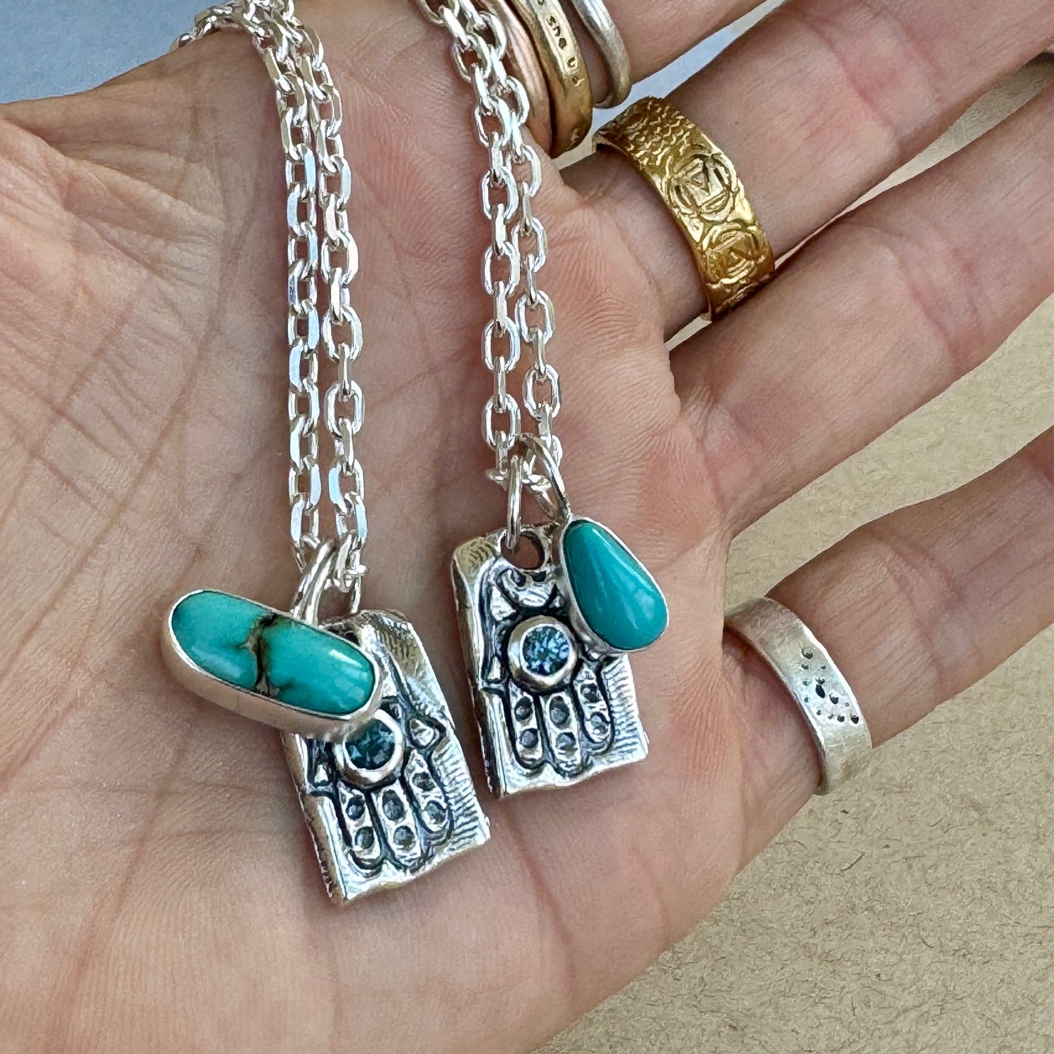 Sterling Hamsa with Sapphire and Turquoise