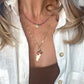 gold pendant necklace with pink tourmaline and rose quartz beaded necklace